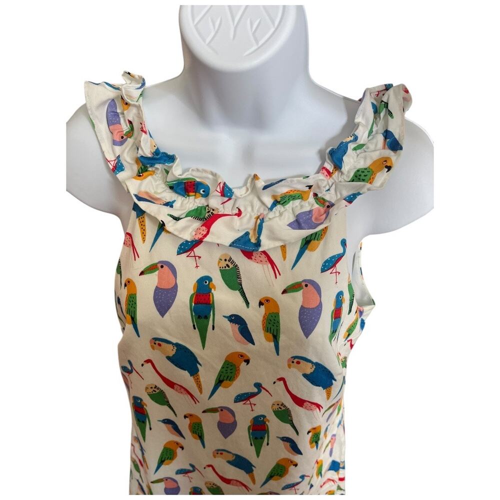 Larke Anthropologie sleeveless shift dress colorful parrots birds ruffle neck XS - Picture 6 of 9